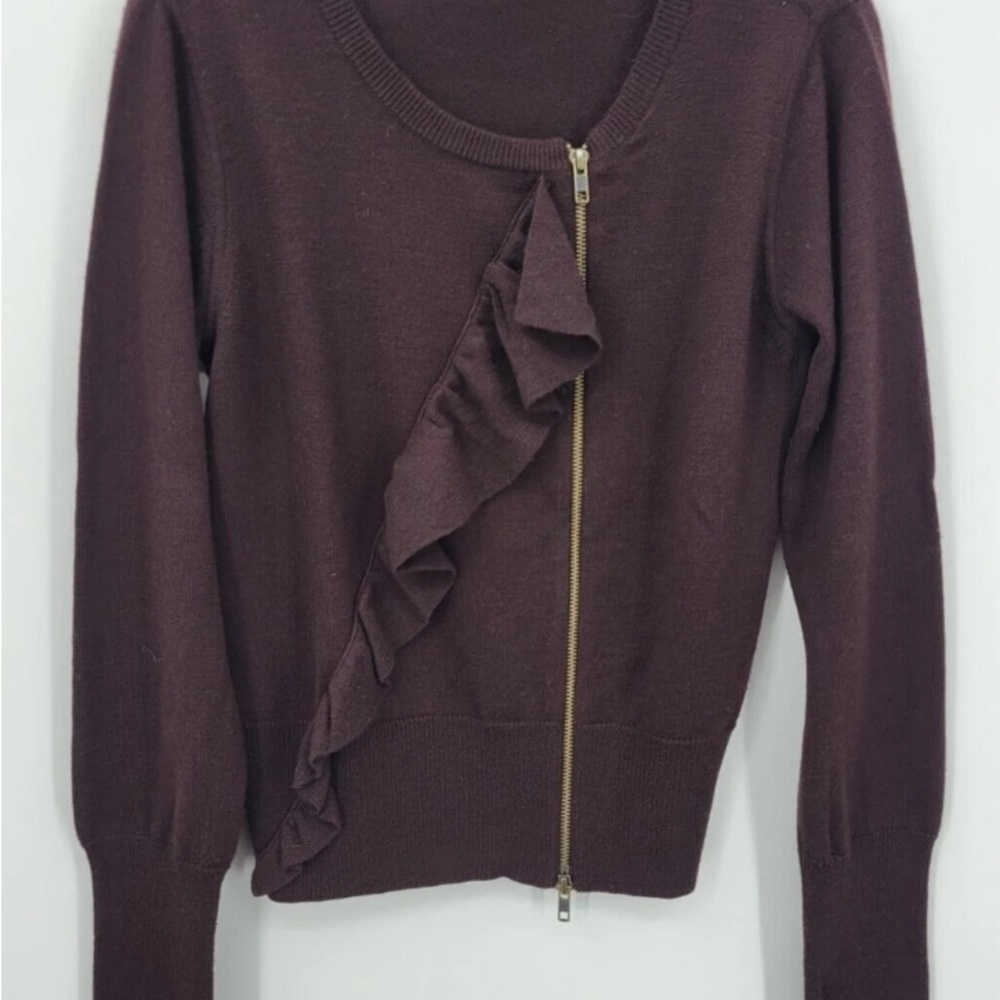 J Crew Women’s Cardigan Sweater Brown/Plum Ruffle Zip Sweater (Large)